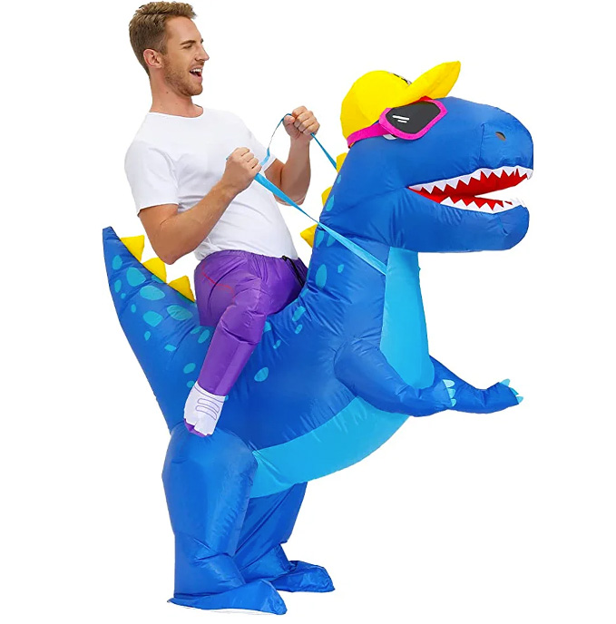 Funny Jurassic Park Inflatable Blue T Rex Dinosaur Blow Up DIY Halloween Costume with glasses and cap