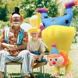 Inflatable clown costume with real clown at kids party
